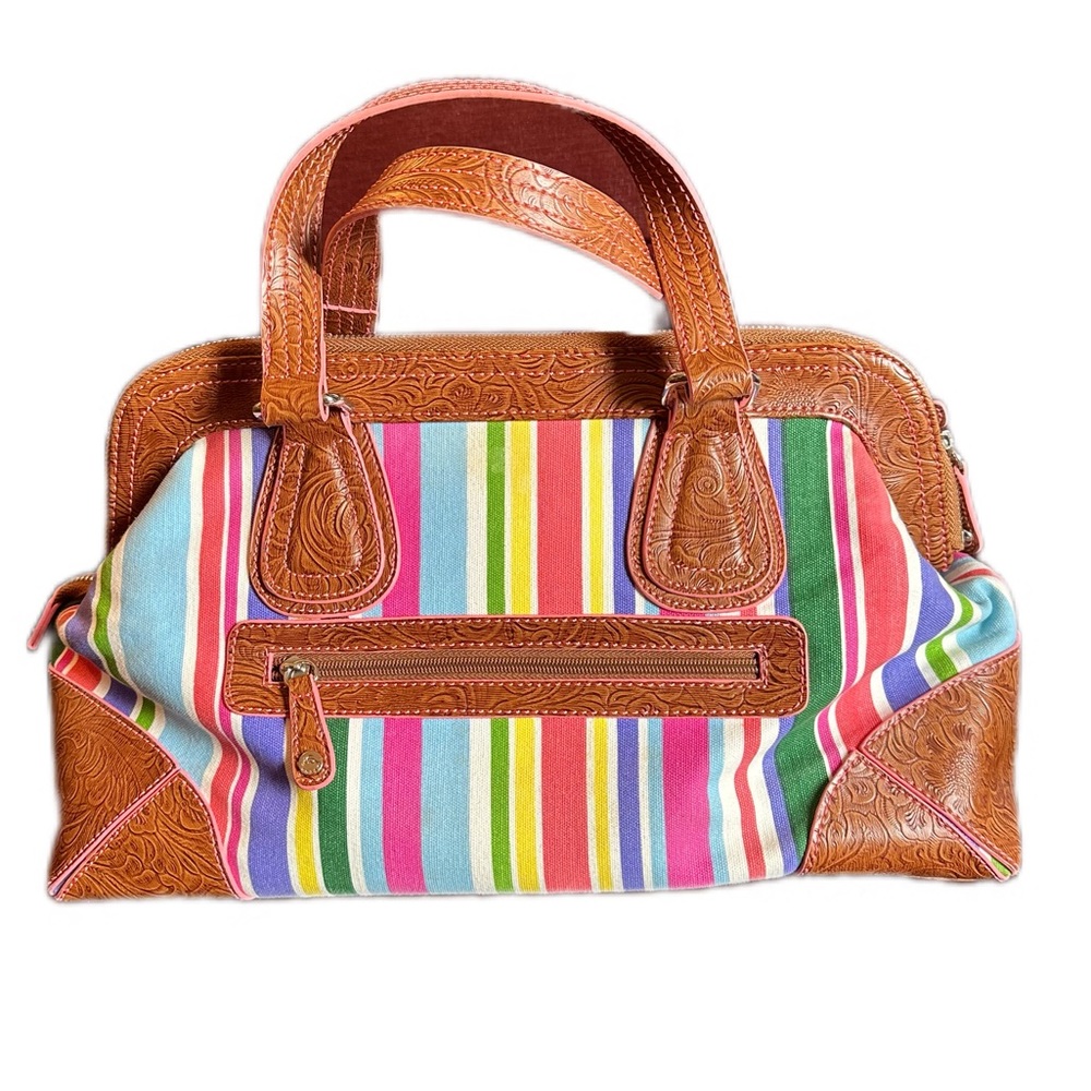 Koret Multicolor Striped Satchel handbag embossed leather cheetah animal canvas